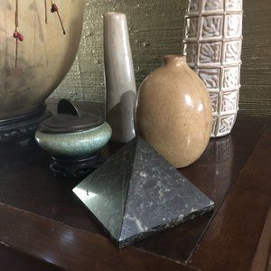 Decorative Marbled Stone Pyramid in Hues of Dark Green, Grey, & White